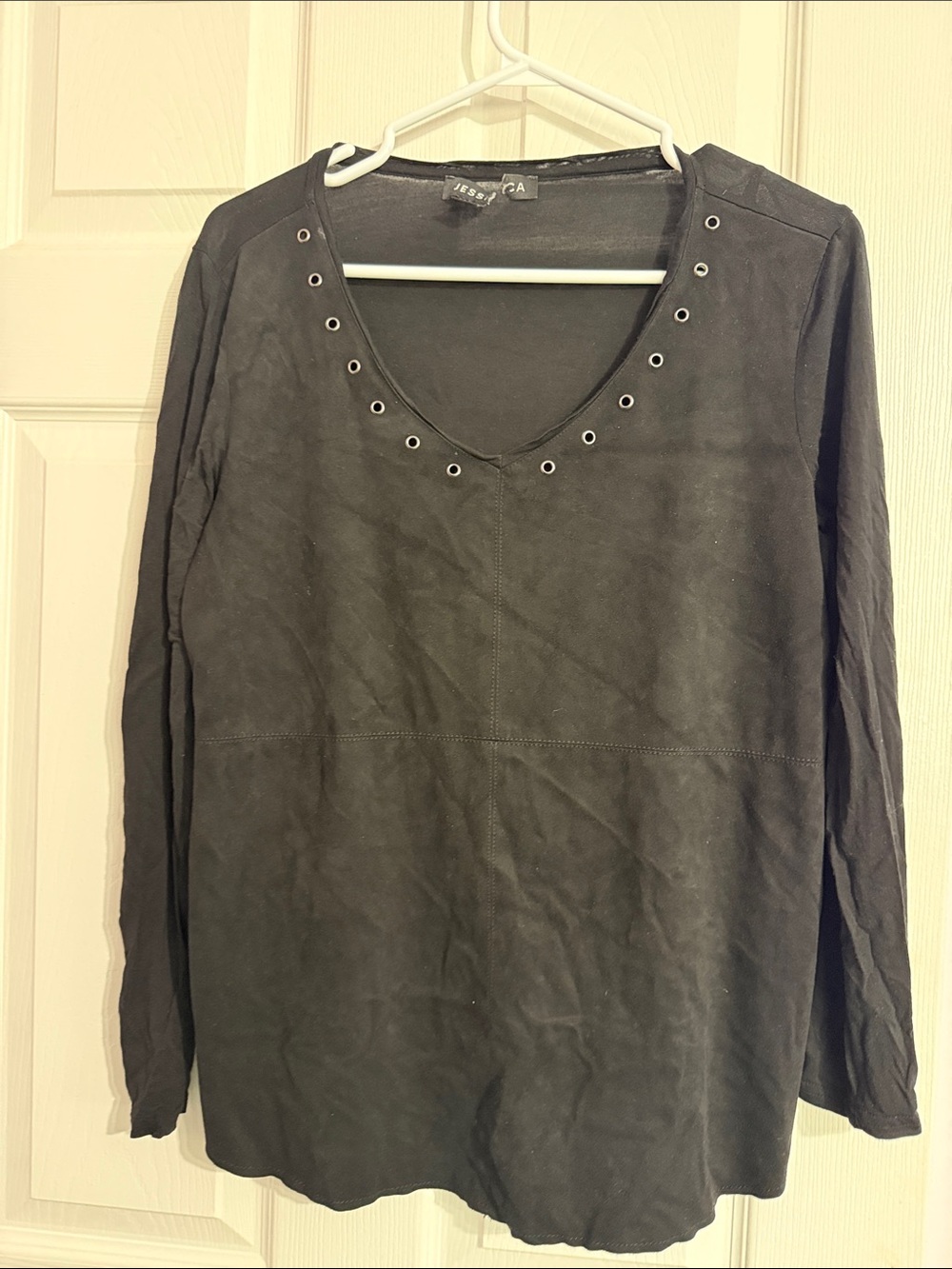 Jessica Simpson Black Long Sleeve V-Neck Top with Grommet Trim